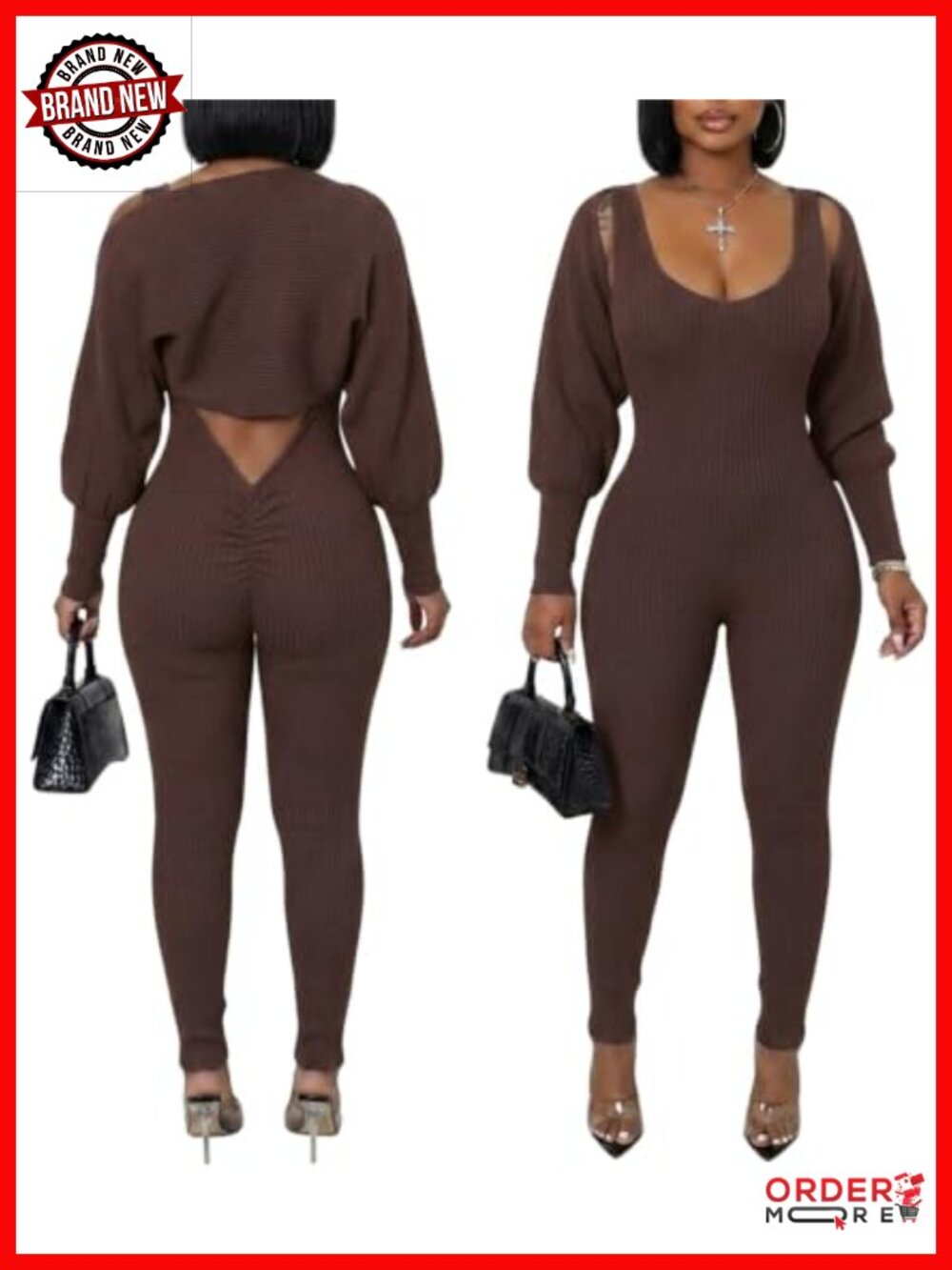 Women 2 Piece Jumpsuit Cropped Cardigan Loungewear Workout Set Ribbed Knit